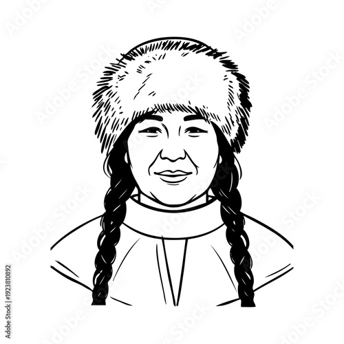 Dibujo de cara de una mujer de raza inuit con ropa de invierno y peinada con coletas