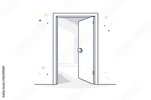 Doorways framing emptiness. View through a slightly ajar door into a minimal space with no objects inside, only shadows and light. Unspoken mood and spatial