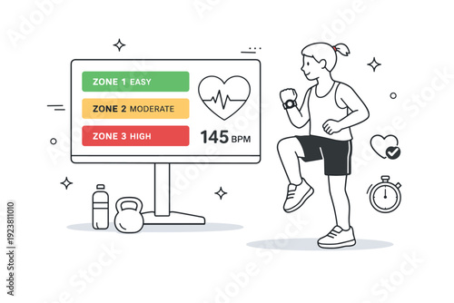 Heart rate monitoring during workouts ? Guided workout intensity control. Person following simple zones or pulse indicators on a screen, balanced effort and