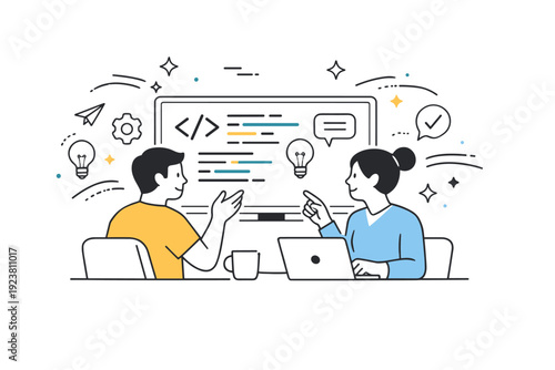 Pair programming practice. Two developers side by side at a large screen, exchanging ideas with gestures and pointing, abstract motion lines and stars around