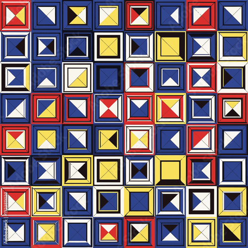Colorful abstract geometric pattern of squares with various internal shapes and designs, seamless pattern, Stock royalty image.