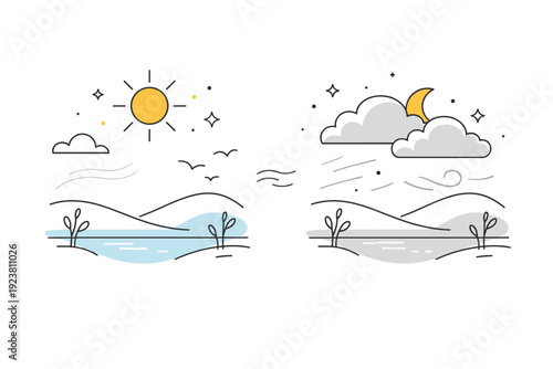 Weather and atmosphere changes. A calm landscape shifts from sun to clouds, with soft wind lines and gentle sky symbols showing transition. The scene conveys