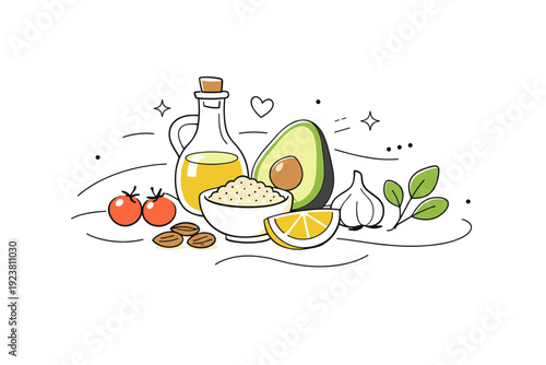 Healthy food ingredients compositions. Minimal abstract composition inspired by healthy cooking ingredients, with gentle curves and floating elements. Calm