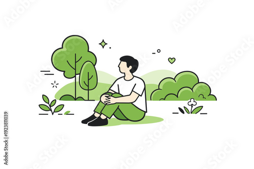 Natural green tones. A person sitting quietly near simple trees and bushes, gentle green gradients suggesting depth and freshness without realism. Calm balance