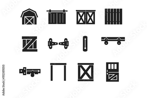 Barn door. Solid icon set of Barn door: classic barn door, sliding barn door, double barn doors, wooden planks, diagonal cross brace, rustic hinges, barn