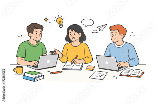 Flat cartoon style illustration. People working together on a shared task, using laptops, notes, and simple objects. Calm collaboration and approachable,