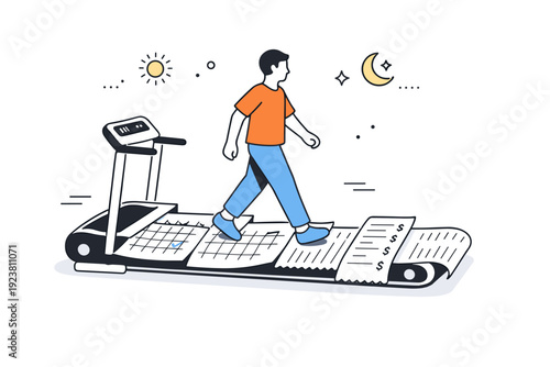 Late capitalism subtle metaphors. Person walking on a gentle treadmill made of calendar pages and receipts. Slow movement through time shaped by productivity