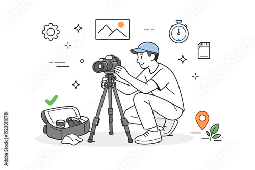 Camera setup process. A photographer carefully setting up a camera on a tripod, preparing for a shoot. Organized and thoughtful mood with