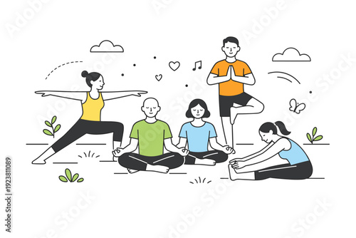 Group outdoor yoga session. Simple figures stretching and holding poses together on a lawn, showing calm collaboration and shared wellness.