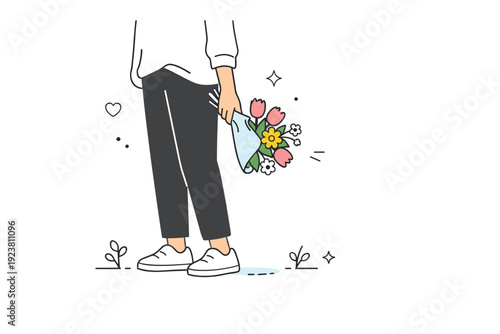 Flowers bought for oneself. Someone holding flowers loosely at their side while waiting or standing still. A candid in-between moment that feels personal and