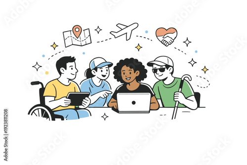 Accessible group travel planning. Friends with diverse mobility needs sharing tablets and laptops while planning a trip, floating abstract stars and line icons