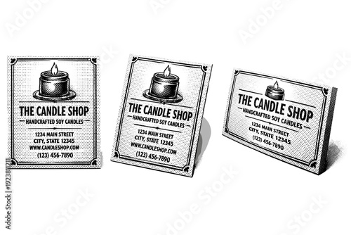 Candle shop business card. A candle shop business card with balanced typography and margin accents is shown from three different angles: