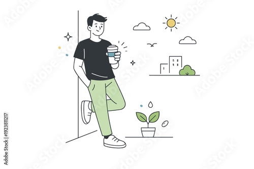 Holding reusable cups. A person leaning against a wall with a reusable cup in hand, relaxed break during the day. Calm pause, sustainable