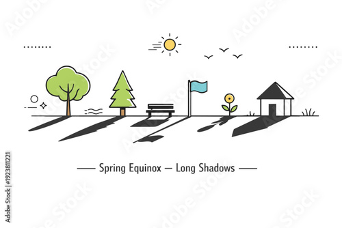 Seasonal shadow observation. Stylized trees and simple objects casting long spring equinox shadows across open space, calm and scientific atmosphere. Friendly