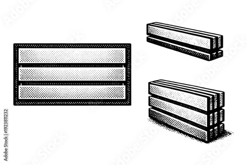 Halftone dotted signboard layered panel sign A layered panel signboard with stacked plates is illustrated as one object shown from three different views: front
