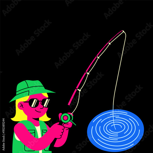 Woman fishing with vibrant pink and green illustration wearing sunglasses and hat against a black background with blue water ripples