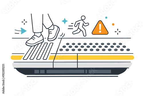 Train station tactile flooring. A close-up of tactile lines and warning textures near the edge of a platform, feet walking along them, abstract icons of