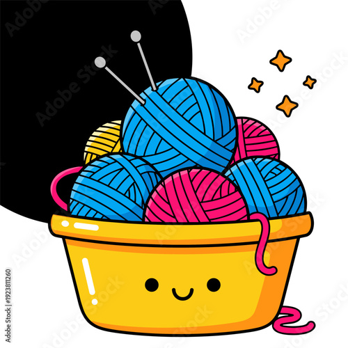 Colorful cartoon yarn balls in a smiling yellow basket with knitting needles on white background