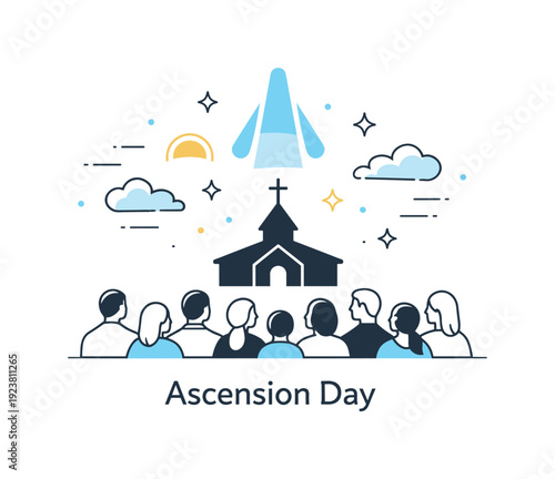 Ascension Day celebration with a church and people looking up at a divine light