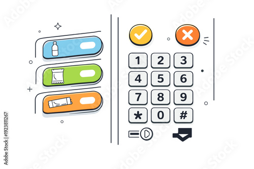 Vending machines close-ups. A slightly angled view showing glowing buttons and a selection keypad, suggesting decision-making and interaction. The illustration