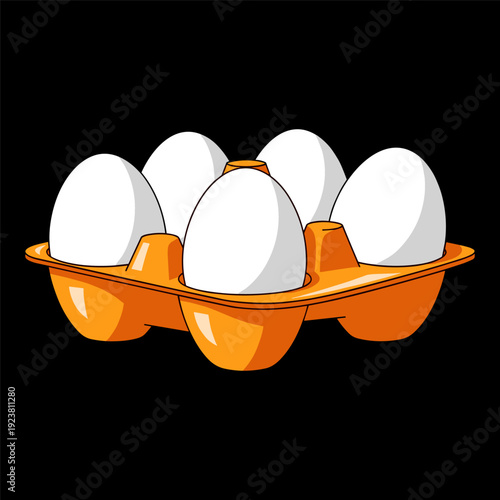 Five white eggs in orange carton on black background detailed illustration with bright lighting and glossy finish