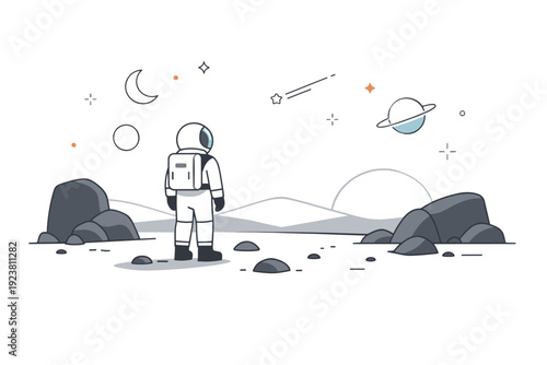 Planet surface exploration. A calm editorial scene of a person standing on a distant planet surface, observing rocks and horizon. The mood feels curious,