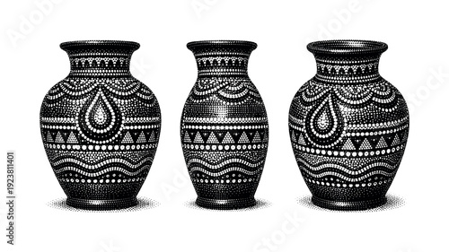 Three decorative black and white vases with intricate dot patterns and geometric designs