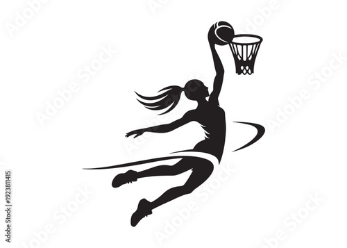women's basketball dunking logo silhouette vector, basketball logo silhouette vector illustration, sport basketball logo vector, basketball player dunking logo vector silhouette on white background 