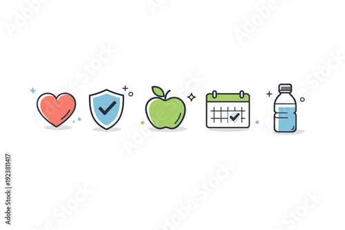 Preventive care icons. A balanced icon set including heart, shield, apple, calendar, and water bottle, promoting healthy lifestyle choices.