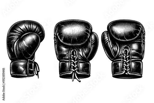Vintage boxing gloves A vintage-style boxing glove shown in three views emphasizing worn leather texture, stitching, and rounded padding