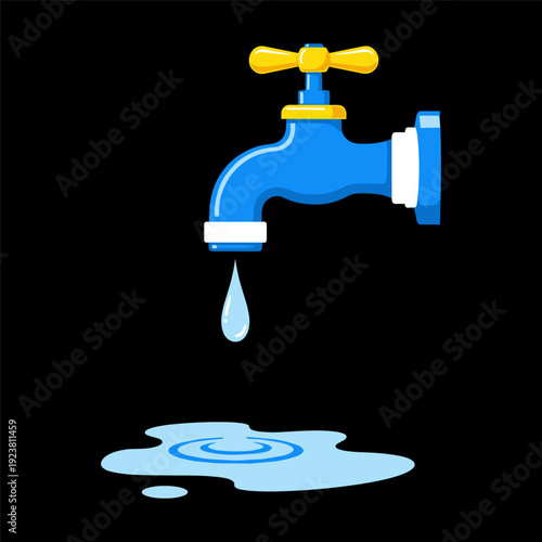 Leaking faucet with a single drop of water falling into a puddle on the floor against a black background