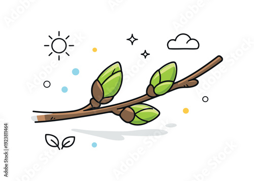 Spring branch with new buds opening, sun, and clouds in a simple cartoon style