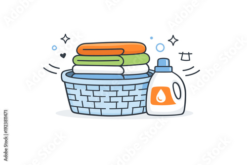 Daily routines without people. Laundry basket with folded clothes, detergent bottle, and soft motion lines hinting completion. Ordinary