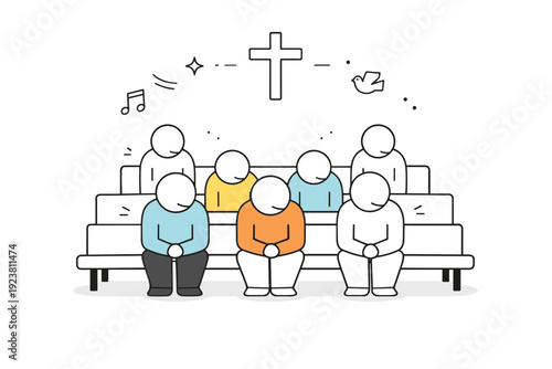Serene Church Reflection. Church service atmosphere. A quiet interior scene with simple geometric figures sitting on benches, heads slightly bowed in silence.