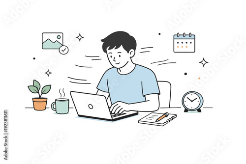 Focused home office routine. A person types on a laptop during a quiet work session, with subtle motion lines showing concentration and flow.