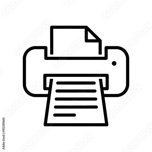 A minimalist black line illustration of a printer in operation, printing a document on a clean white background.