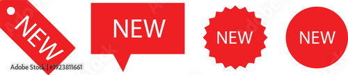 New Label Badge and Tag Collection – Red Sale Sticker, Speech Bubble, Starburst and Circle New Arrival Icons Vector Set
