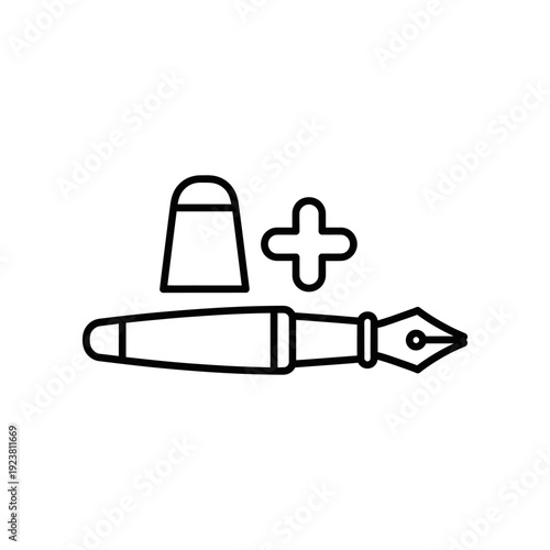 Simple black line art illustration of a fountain pen nib and inkwell on a white background, symbolizing writing and creativity.