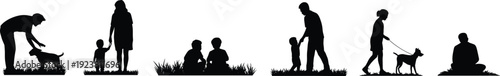 Family silhouettes outdoor activities collection, parents with children and dog bonding in park isolated on white background banner