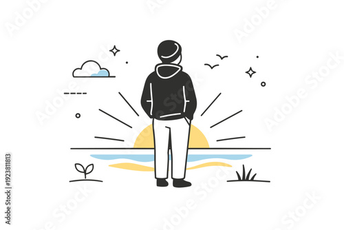 Spring equinox sunrise moments ? Person standing quietly and watching the sunrise. Relaxed posture, hands in pockets, sense of renewal and fresh beginnings as