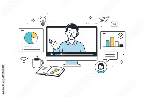 Online courses and webinars. A presenter speaks on a screen while simple slides and icons appear nearby. Clear digital communication with calm educational