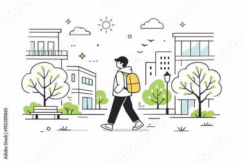 Spring Urban Exploration. Spring urban exploration walks. A calm city street scene with a person walking slowly among modern buildings and budding trees. Fresh