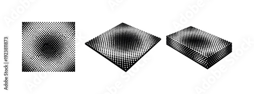 Halftone pattern applied to geometric shapes: square, diamond, and rectangle