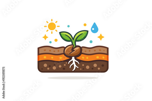 Planting seeds in spring calm nature activity centered on a sprouting seed in the ground, accompanied by simple soil layers and soft decorative dots that