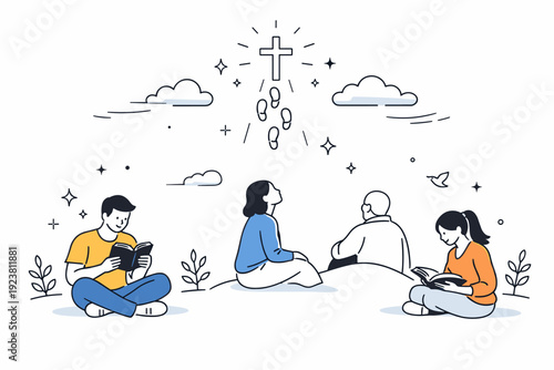 Ascension Day reflection scene. People reading or contemplating quietly, with an open sky and soft clouds above them, suggesting faith and introspection.