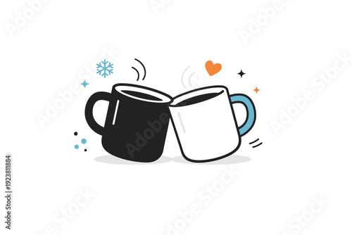 Winter togetherness mugs. Two mugs gently leaning toward each other, symbolizing shared moments, warmth, and quiet conversation. Friendly, emotional editorial