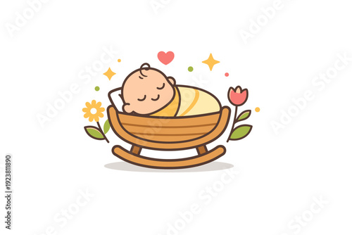 Spring baby photos centered on a simple cradle icon with flowers and light decorative dots representing safety and calm happiness. The illustration feels