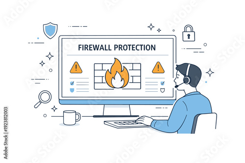 Firewall protection. A digital screen with a firewall icon and small alert symbols, a person monitoring the system, calm and attentive