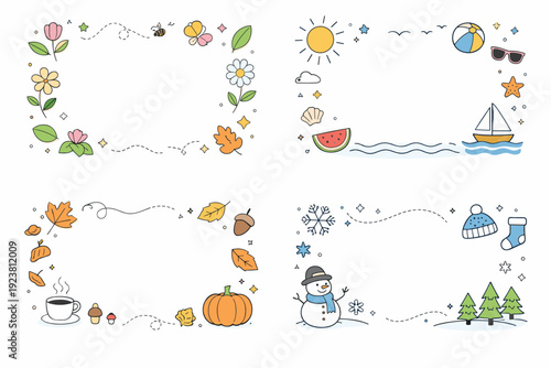 Seasonal promotion backgrounds. Soft decorative elements inspired by weather and time of year, floating around an open central space for text. Clean marketing