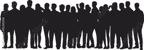 Large group of people silhouette standing together, diverse crowd profile isolated on white background 